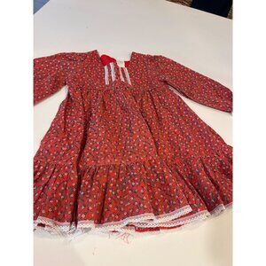Vintage Red Floral Baby Girl Dress With Lace Trim & Long Sleeves By Bryan